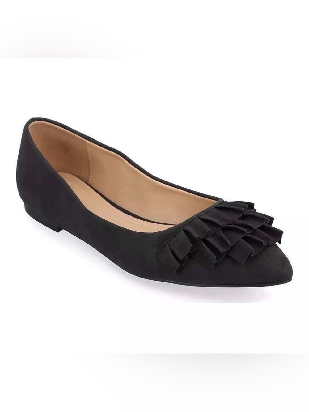 Journee Collection Black Pointed-Toe Ruffle Flats - Picture 1 of 9